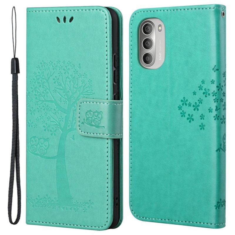 Housse Moto G51 5G Arbre et Hiboux à Lanière