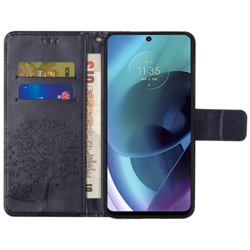 Housse Moto G51 5G Arbre et Hiboux à Lanière