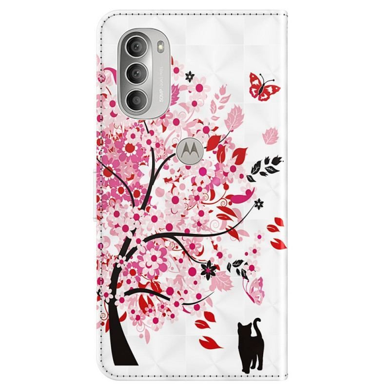 Housse Moto G51 5G Arbre Rose et Chat Noir