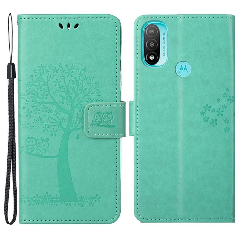 Housse Moto G71 5G Arbre et Hiboux à Lanière