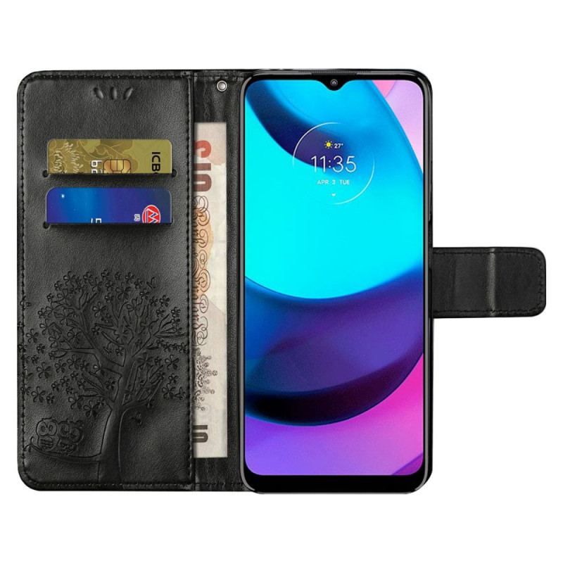 Housse Moto G71 5G Arbre et Hiboux à Lanière