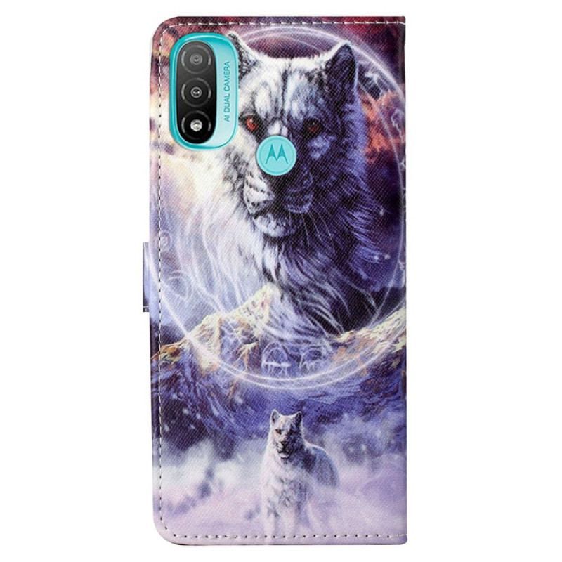 Housse Moto G71 5G Loup en Hiver avec Lanière