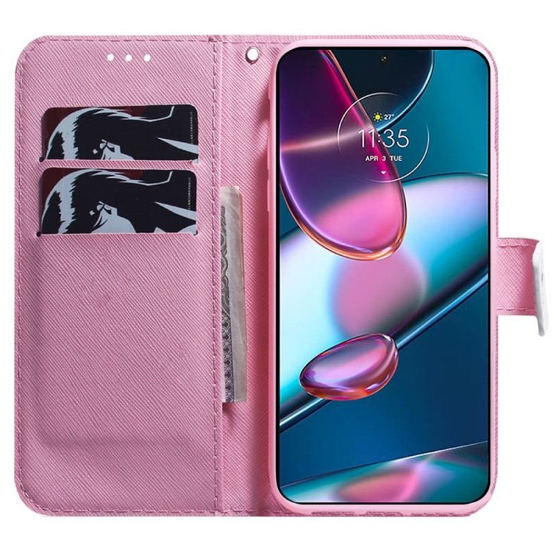 Housse Moto G73 5G Fleur Rose à Lanière