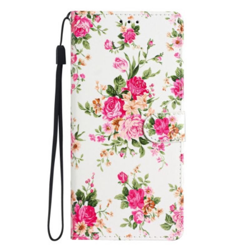 Housse Moto G73 5G Fleurs Liberty à Lanière