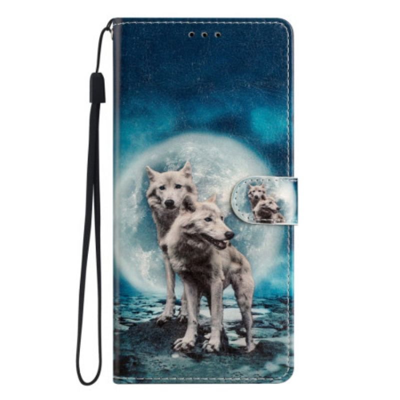 Housse Moto G73 5G Loups au Clair de lune à Lanière