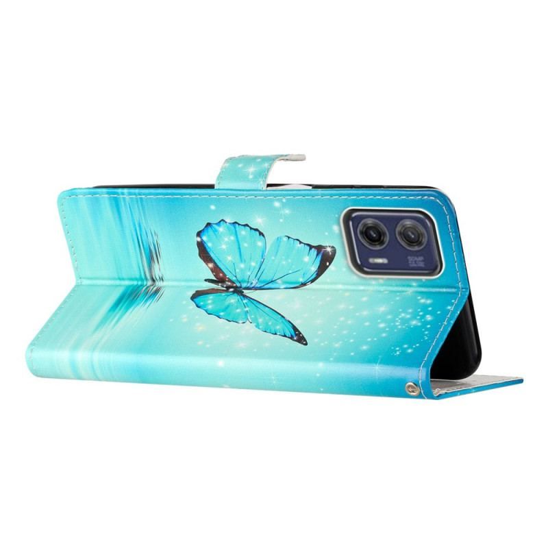 Housse Moto G73 5G Papillon Bleu à Lanière