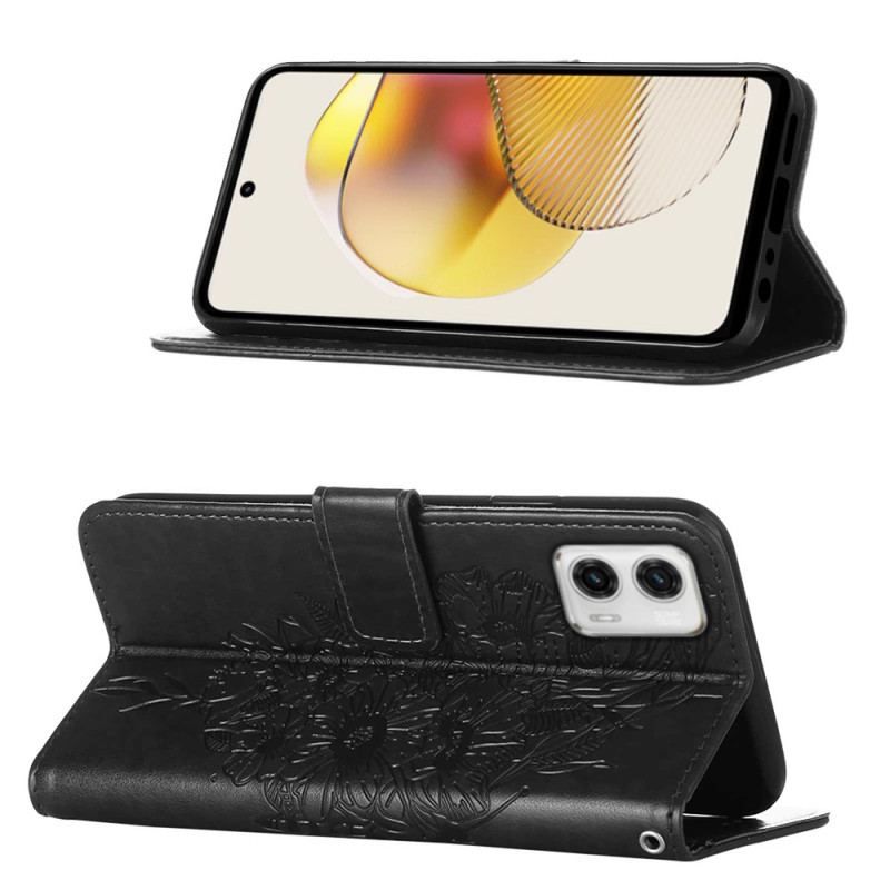 Housse Moto G73 5G Papillon Floral à Lanière