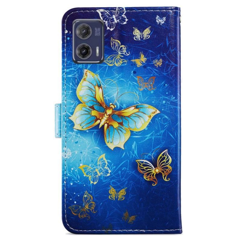 Housse Moto G73 5G Papillons Dorés à Lanière