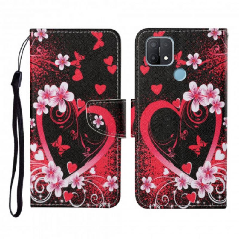 Housse Oppo A15 Fleurs Et Coeurs Avec Lanière