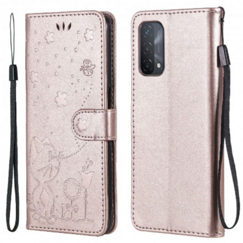 Housse Oppo A54 5G / A74 5G Chat Et Abeille À Lanière