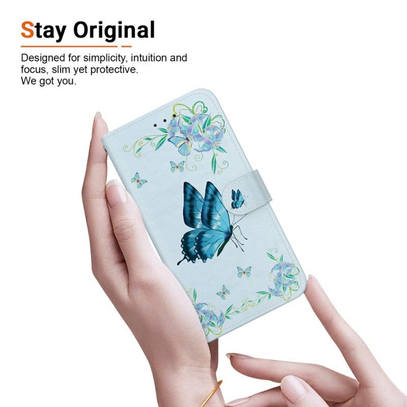 Housse Oppo Reno 13 5G Papillon et Fleurs Bleus