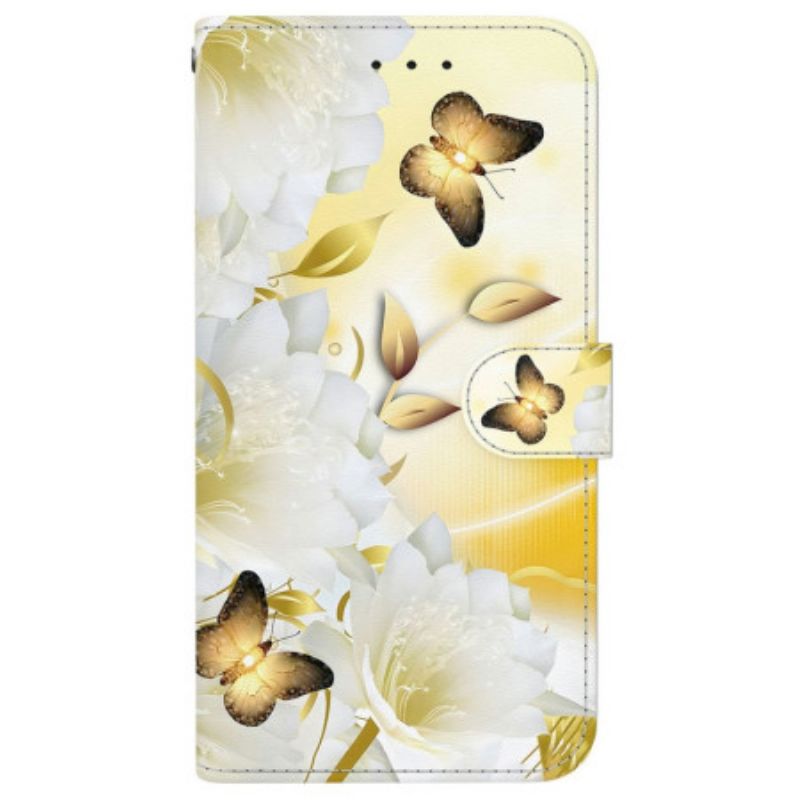 Housse Oppo Reno 13 5G Papillons Dorés et Fleurs Blanches