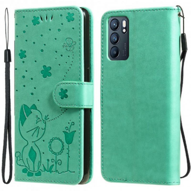 Housse Oppo Reno 6 5G Chat Et Abeille À Lanière