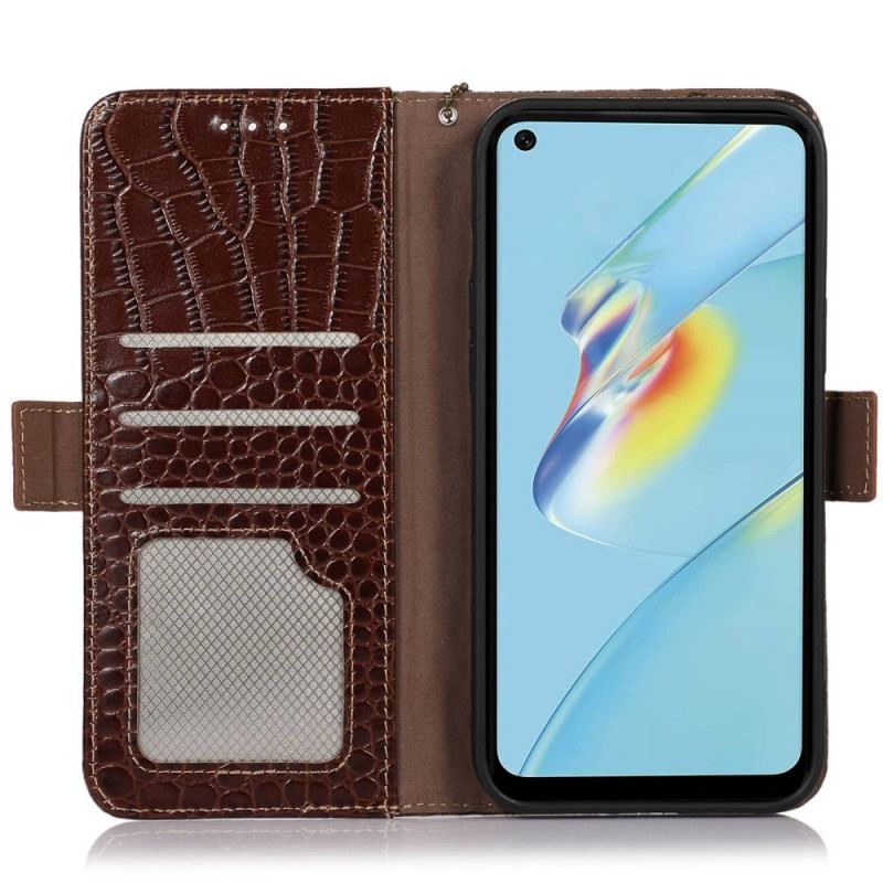 Housse Oppo Reno 7 Cuir Véritable Style Crocodile RFID