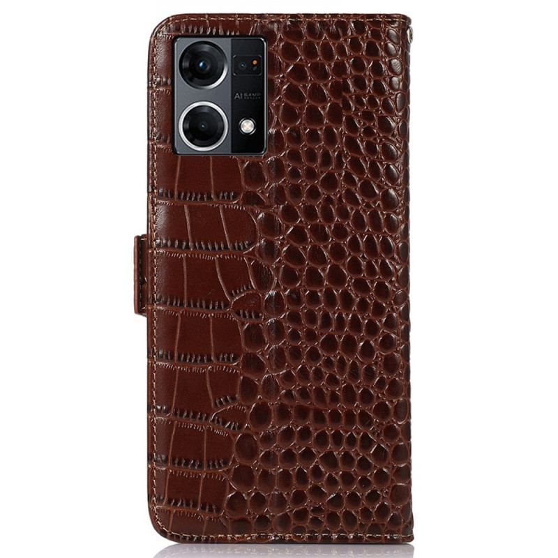 Housse Oppo Reno 7 Cuir Véritable Style Crocodile RFID