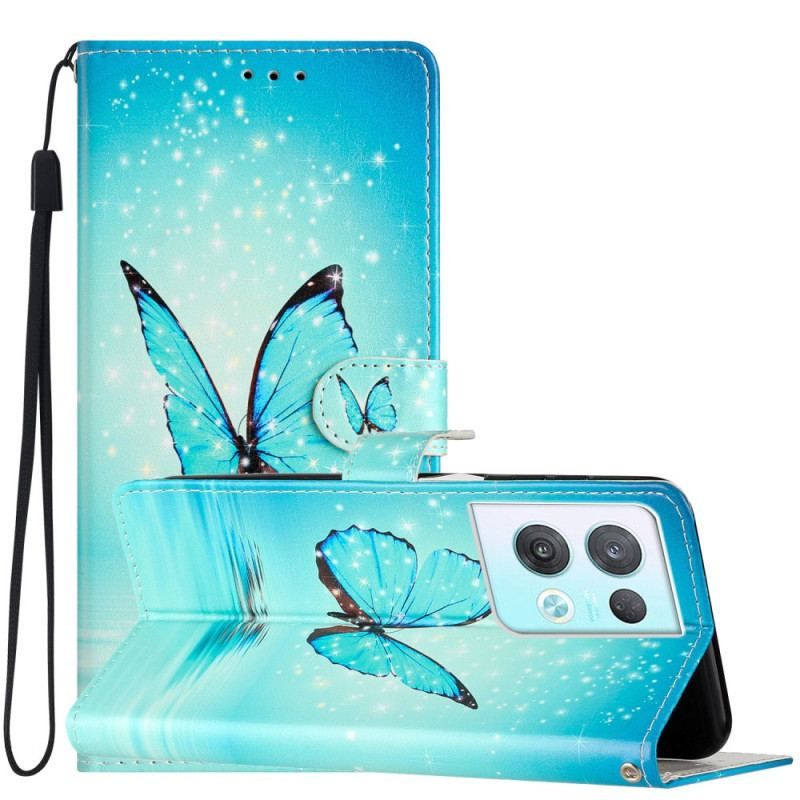 Housse Oppo Reno 8 Pro Papillons Bleus à Lanière