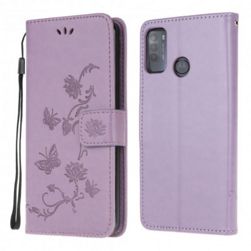 Housse Pour Moto G50 Papillons Et Fleurs À Lanière