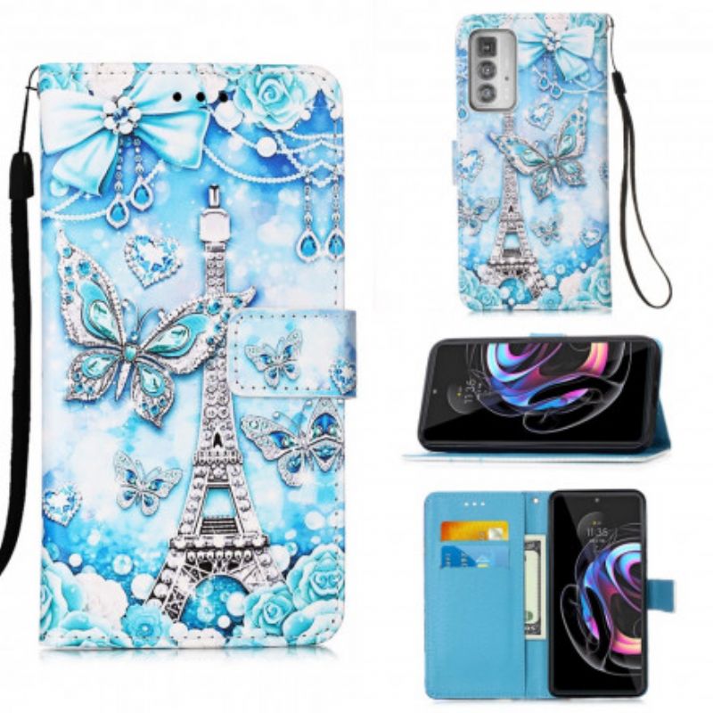 Housse Pour Motorola Edge 20 Pro Tour Eiffel Papillons À Lanière