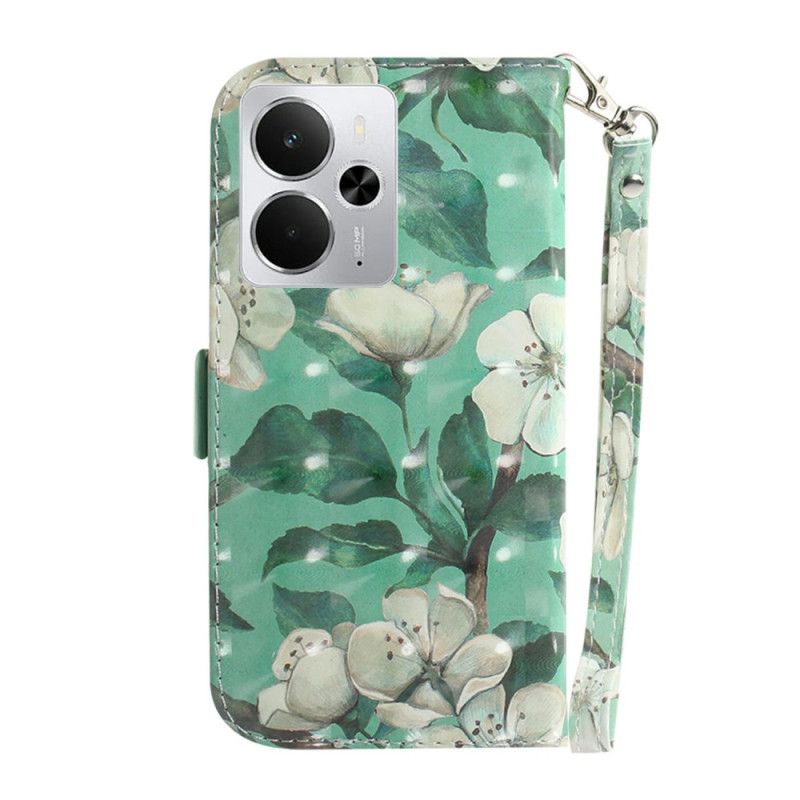 Housse Realme 14 5G Fleurs Blanches à Lanière