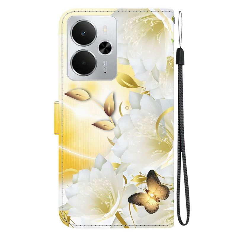 Housse Realme 14 5G Papillons Dorés et Fleurs Blanches