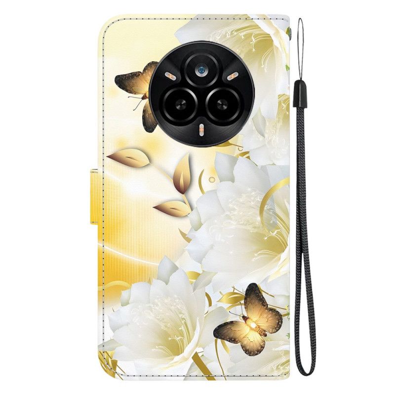 Housse Realme 14 Pro 5G Papillons Dorés et Fleurs Blanches