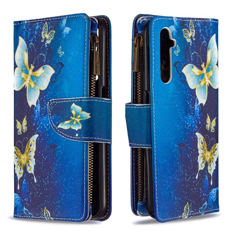 Housse Realme 6 Poche Zippée Papillons Dorés