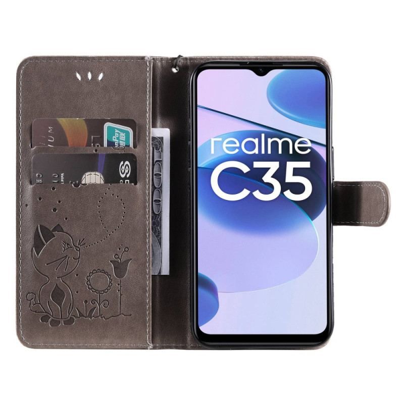 Housse Realme C35 Chat Fleurs Abeille à Lanière