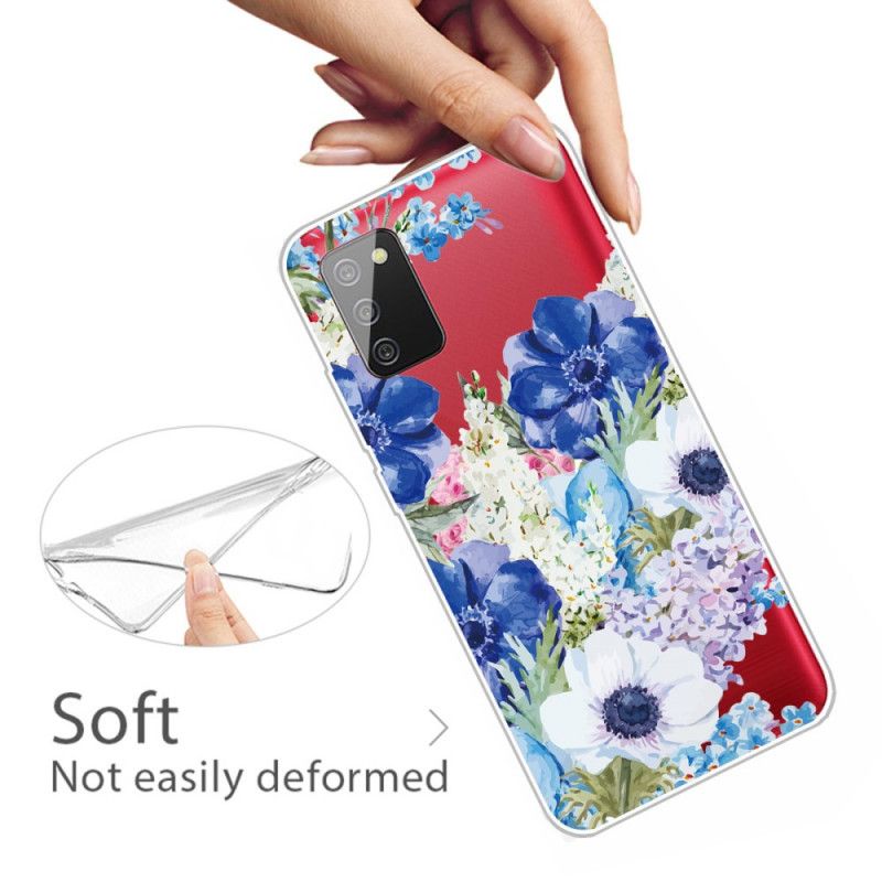 Coque Samsung Galaxy A02s Transparente Fleurs Bleues Aquarelle