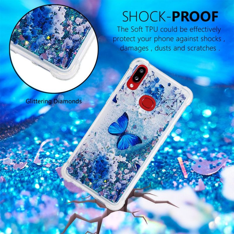 Coque Samsung Galaxy A10s Papillons Bleus Paillettes