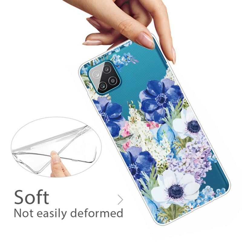 Coque Samsung Galaxy A12 / M12 Transparente Fleurs Bleues Aquarelle