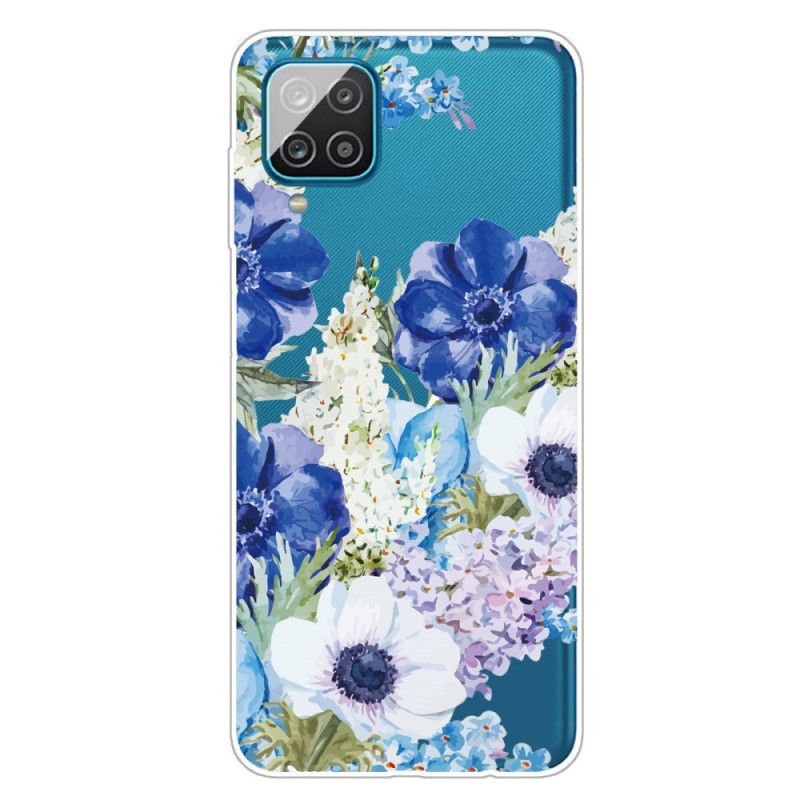 Coque Samsung Galaxy A12 Transparente Fleurs Bleues Aquarelle