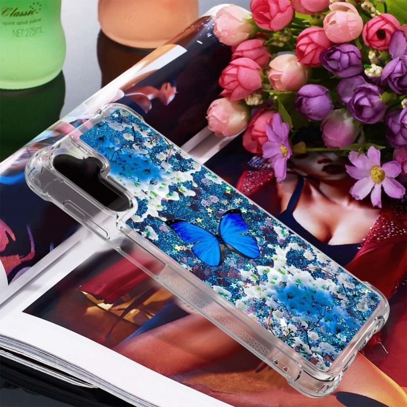 Coque Samsung Galaxy A13 5G Papillons Bleus Paillettes