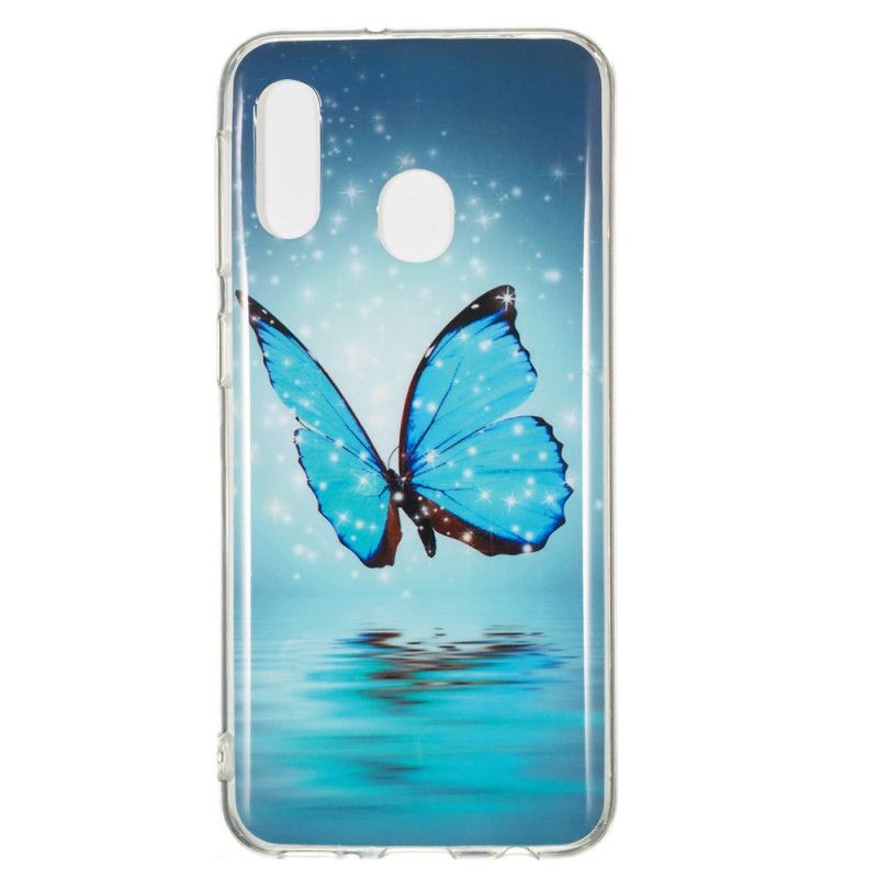 Coque Samsung Galaxy A20e Papillon Bleu Fluorescente