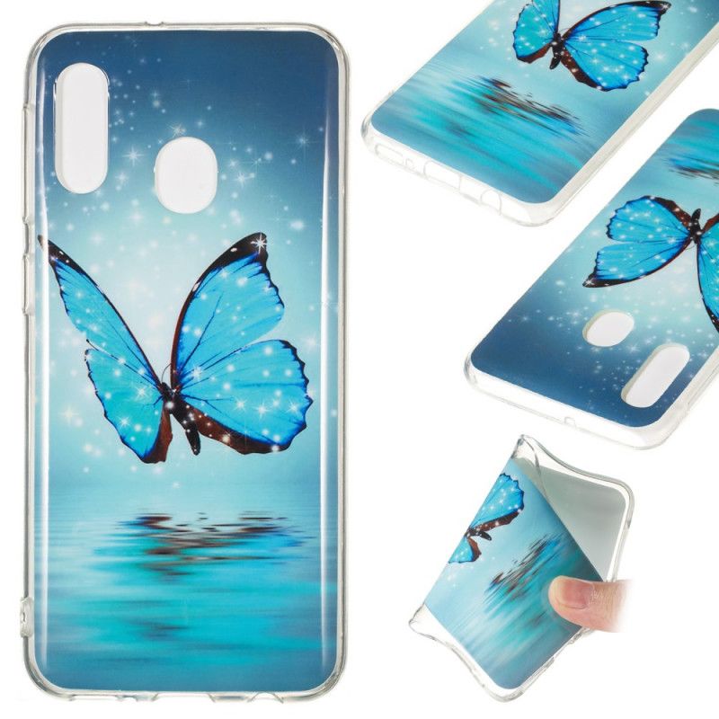 Coque Samsung Galaxy A20e Papillon Bleu Fluorescente