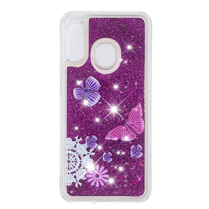 Coque Samsung Galaxy A20e Papillons Violets Paillettes