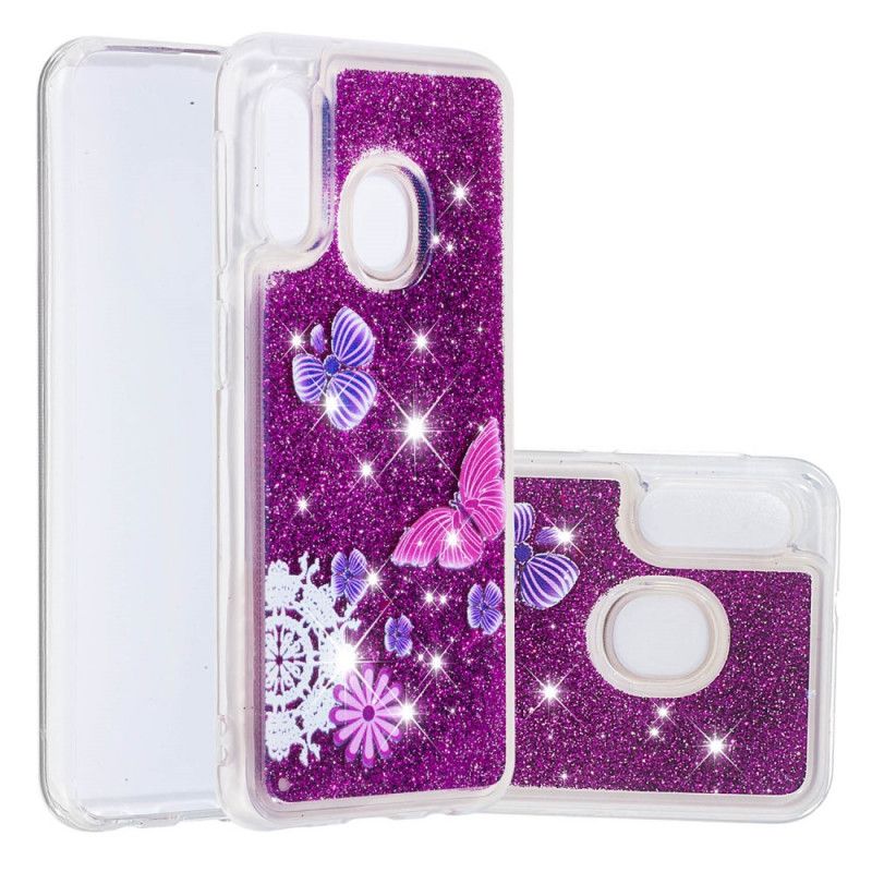 Coque Samsung Galaxy A20e Papillons Violets Paillettes