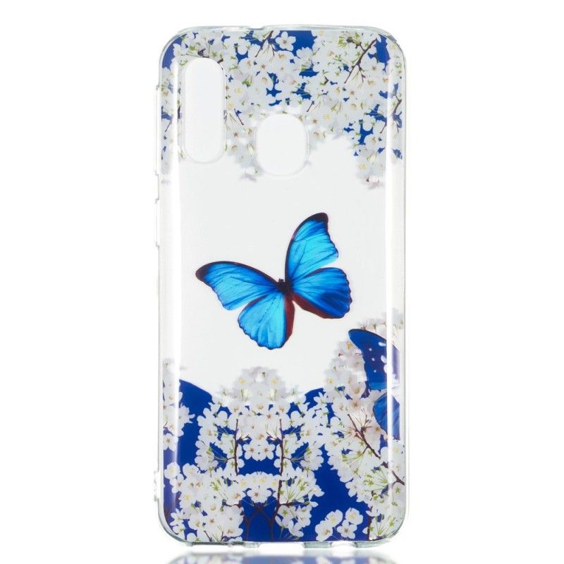 Coque Samsung Galaxy A40 Papillon Bleu Et Fleurs D'hiver