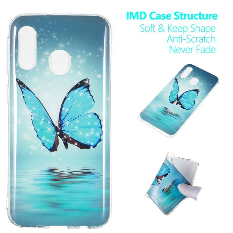 Coque Samsung Galaxy A40 Papillon Bleu Fluorescente