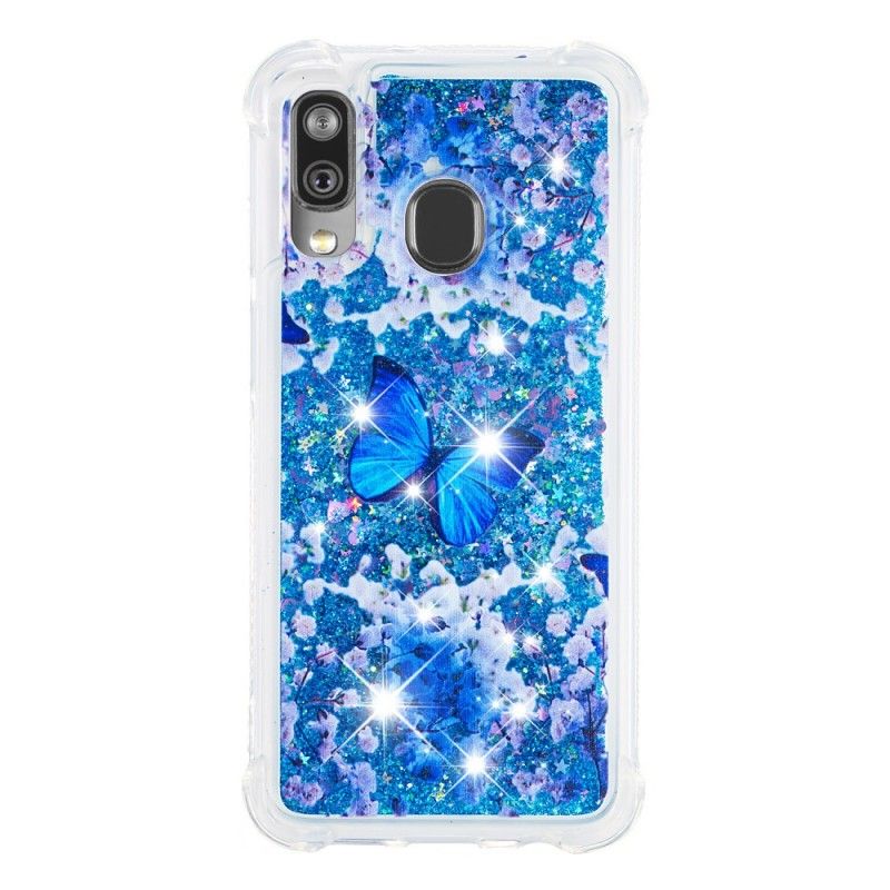 Coque Samsung Galaxy A40 Papillons Bleus Paillettes