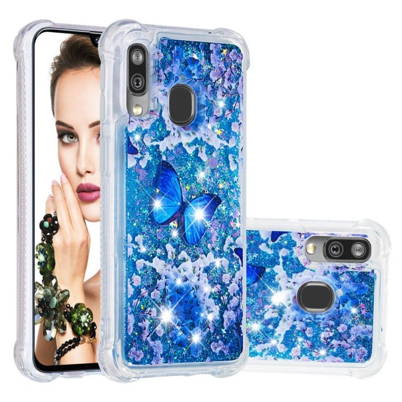 Coque Samsung Galaxy A40 Papillons Bleus Paillettes