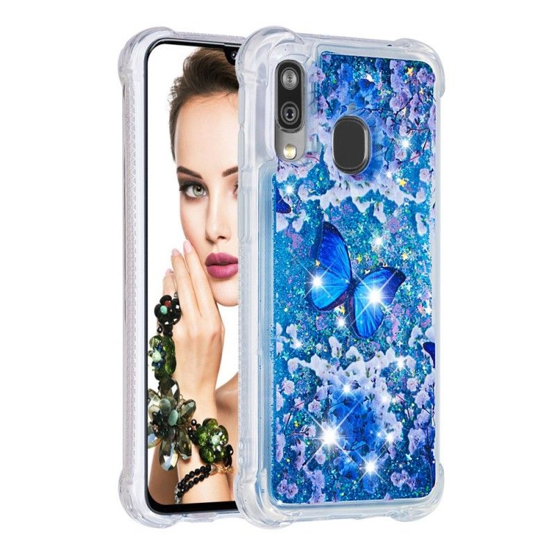 Coque Samsung Galaxy A40 Papillons Bleus Paillettes