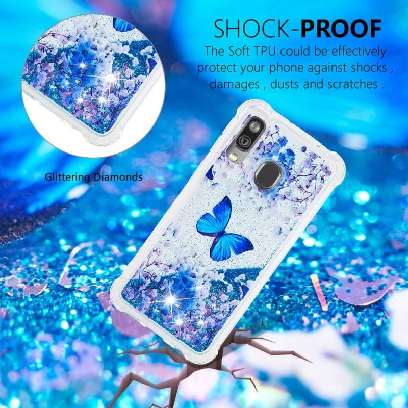 Coque Samsung Galaxy A40 Papillons Bleus Paillettes