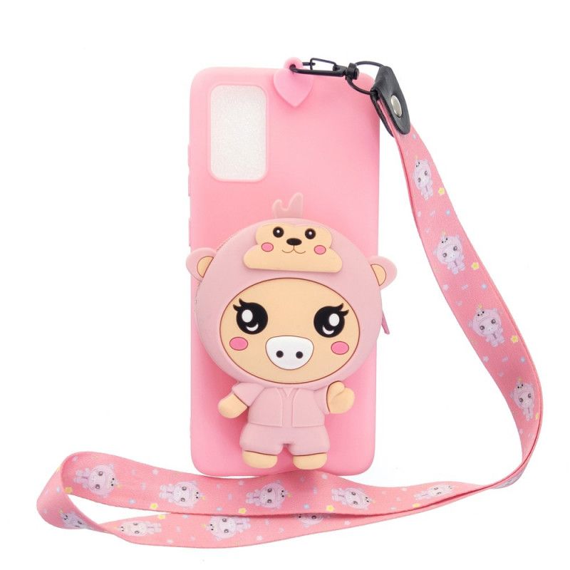 Coque Samsung Galaxy A41 Cochon 3d Avec Lanière Mousqueton