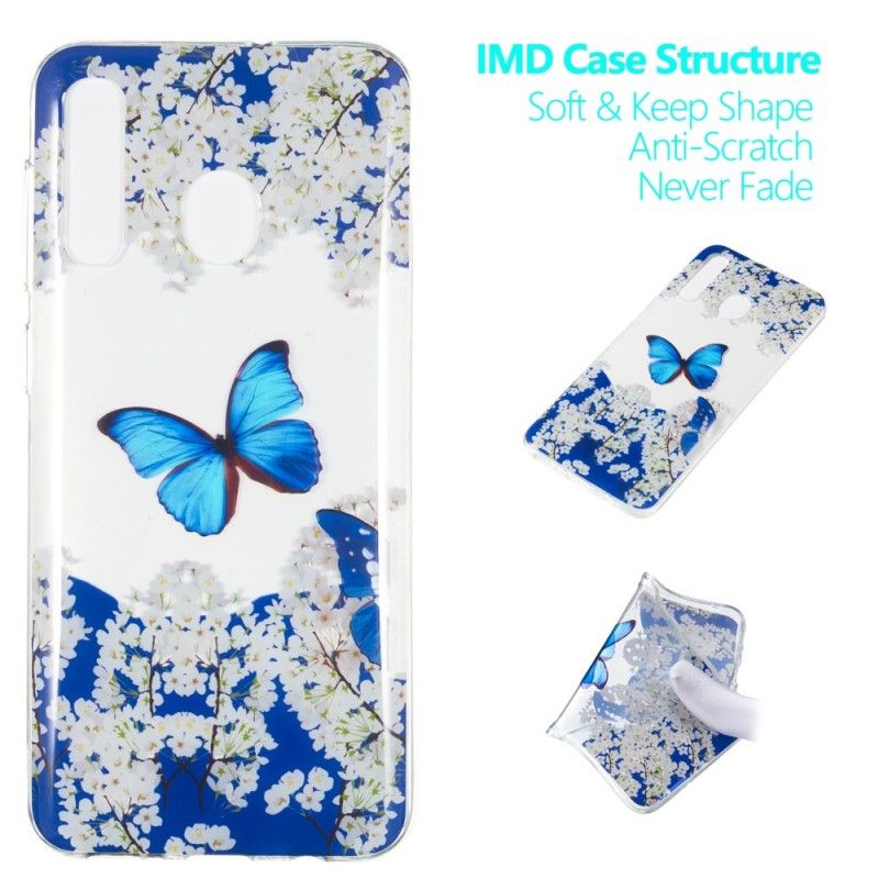 Coque Samsung Galaxy A50 Papillon Bleu Et Fleurs D'hiver