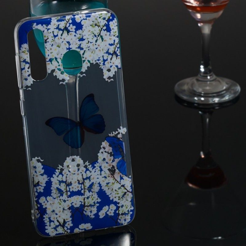 Coque Samsung Galaxy A50 Papillon Bleu Et Fleurs D'hiver