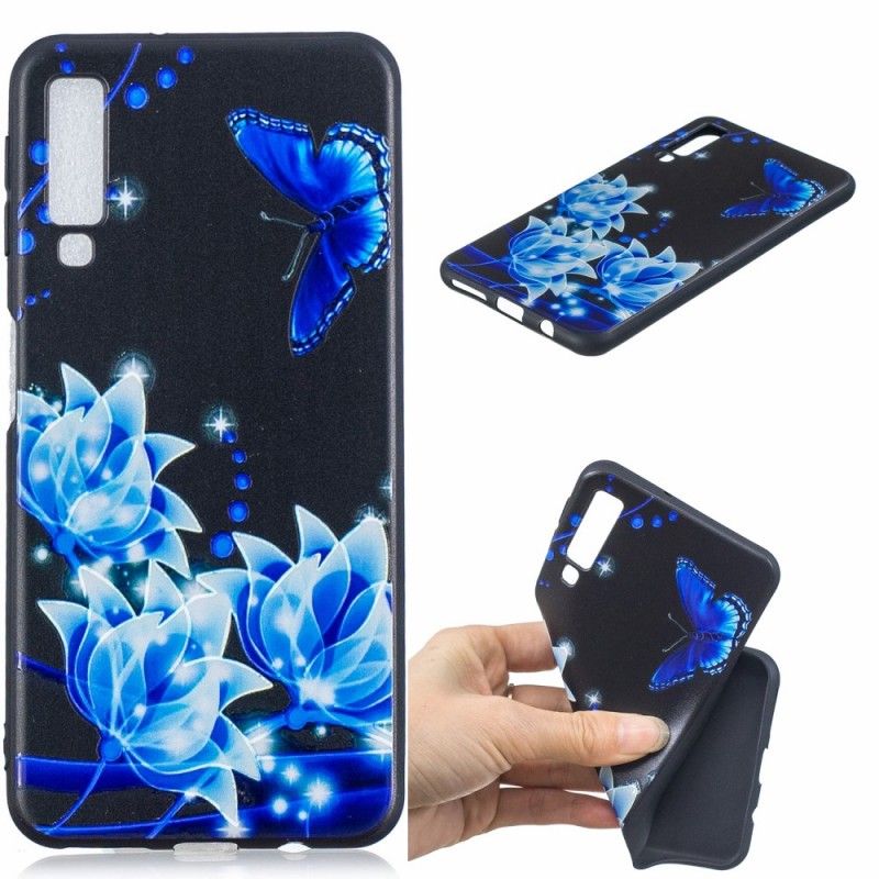 Coque Samsung Galaxy A7 Papillon Et Fleurs Bleus
