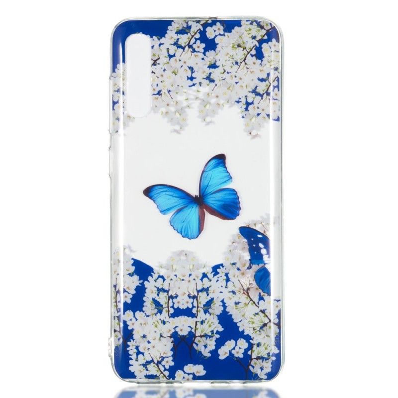 Coque Samsung Galaxy A70 Papillon Bleu Et Fleurs D'hiver