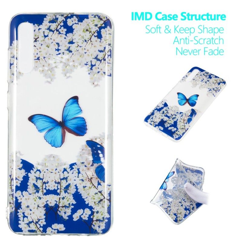 Coque Samsung Galaxy A70 Papillon Bleu Et Fleurs D'hiver