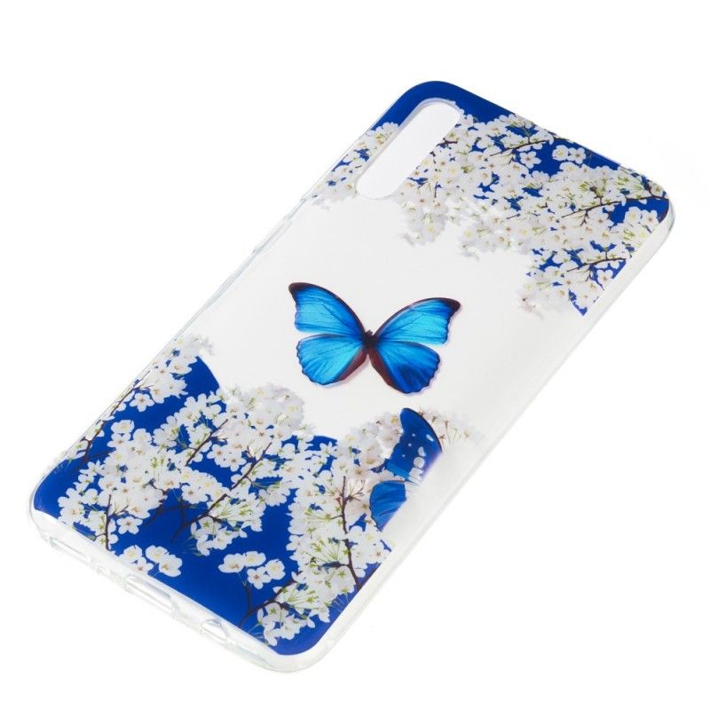 Coque Samsung Galaxy A70 Papillon Bleu Et Fleurs D'hiver