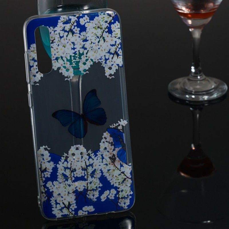 Coque Samsung Galaxy A70 Papillon Bleu Et Fleurs D'hiver